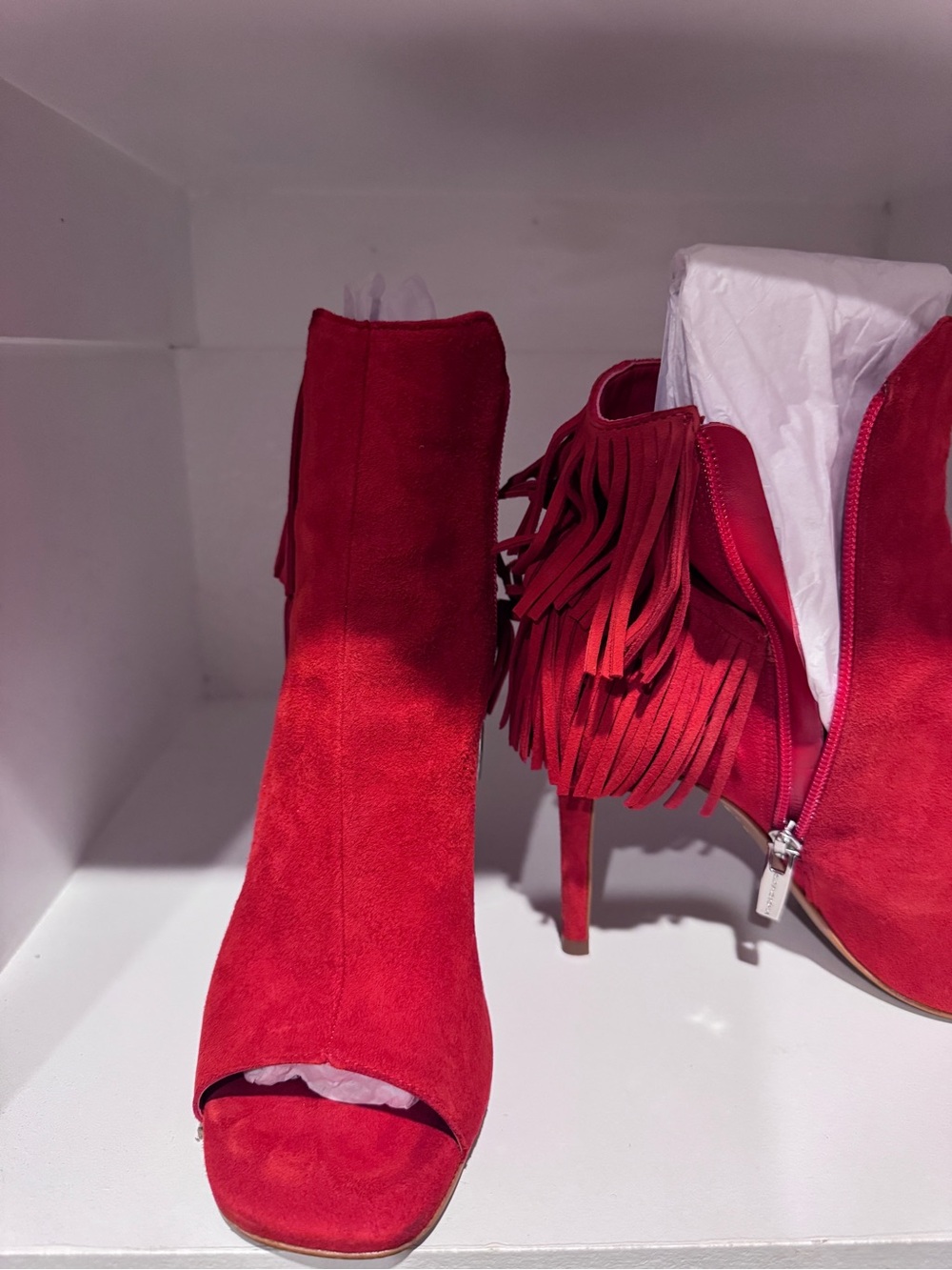 Vince Camuto Red Suede Fringe Peep-Toe Ankle Boots - Women - Picture 4 of 7